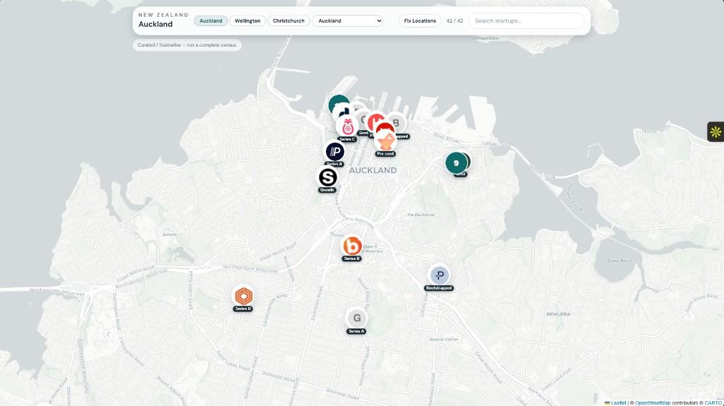 Auckland startup map with logo markers and funding-stage labels across the CBD and harbour