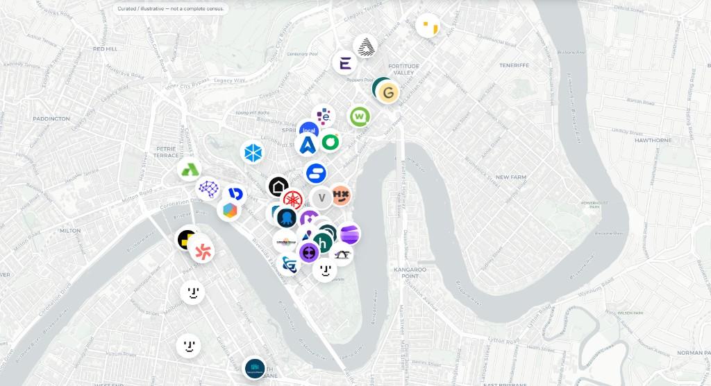 Brisbane startup map with logo markers across the CBD and Fortitude Valley