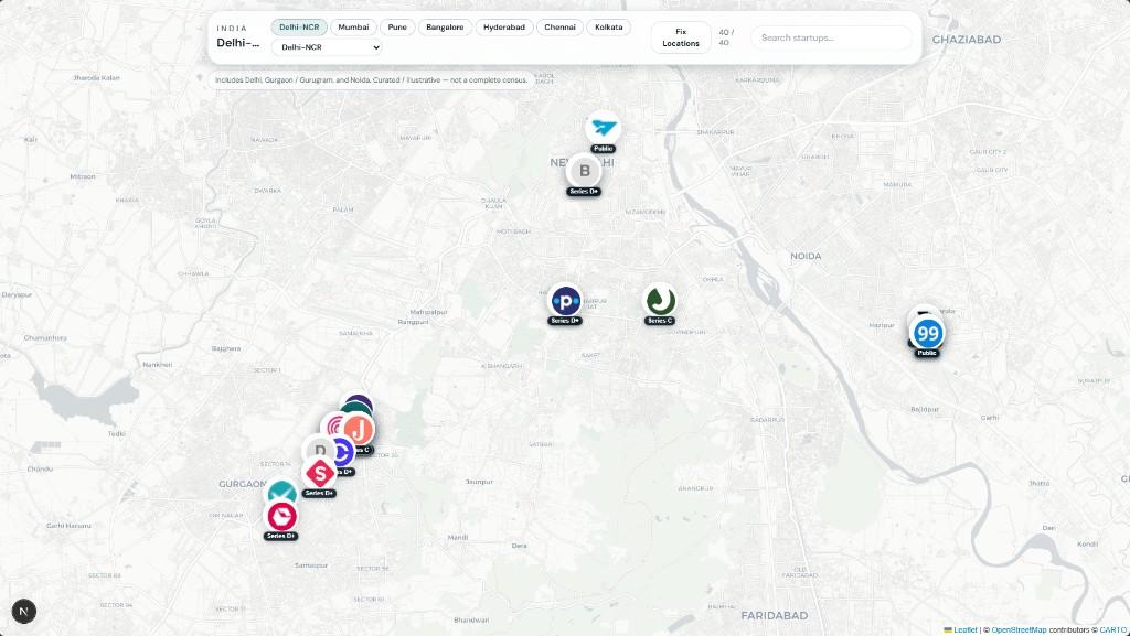 Delhi-NCR startup map with logo markers across Delhi, Gurgaon, and Noida