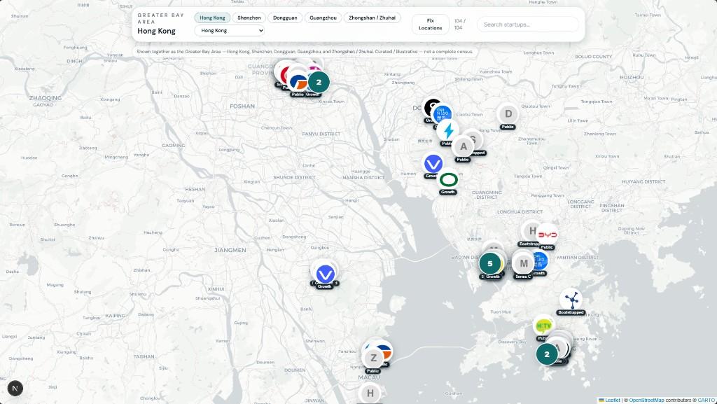 Greater Bay Area startup map spanning Hong Kong, Shenzhen, Dongguan, Guangzhou, and Zhongshan / Zhuhai
