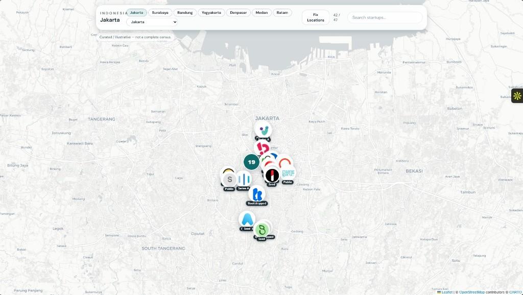 Jakarta startup map with logo markers and funding-stage labels across the metro area