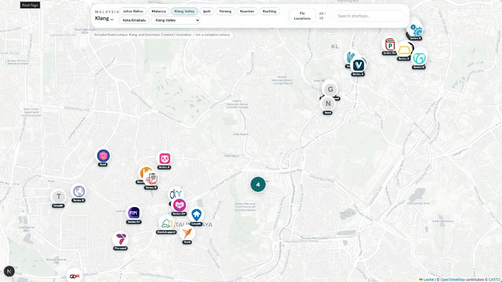 Klang Valley startup map with logo markers across Kuala Lumpur, Klang, and Seremban