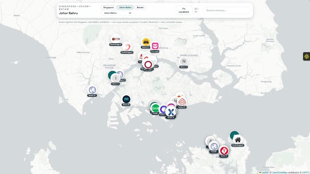 Singapore–Johor–Batam startup map showing the shared cross-border ecosystem