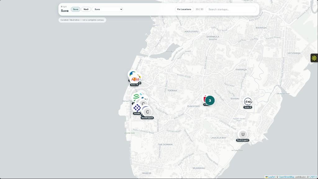 Suva startup map with logo markers along the Fiji capital waterfront