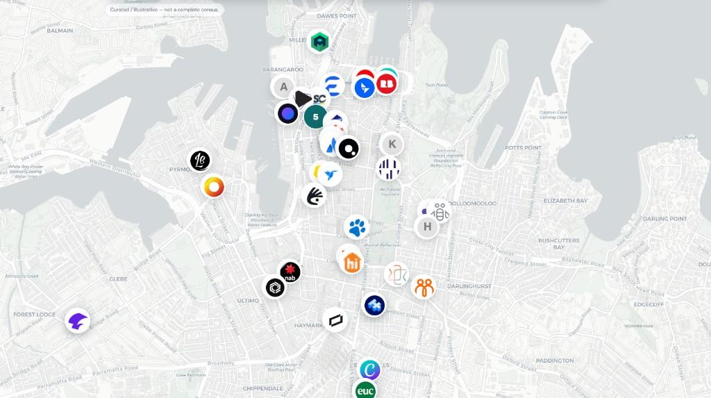 Sydney startup map with logo markers across the CBD and inner suburbs